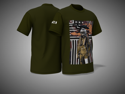 Olive Green t-shirt with graphic design on a gray background