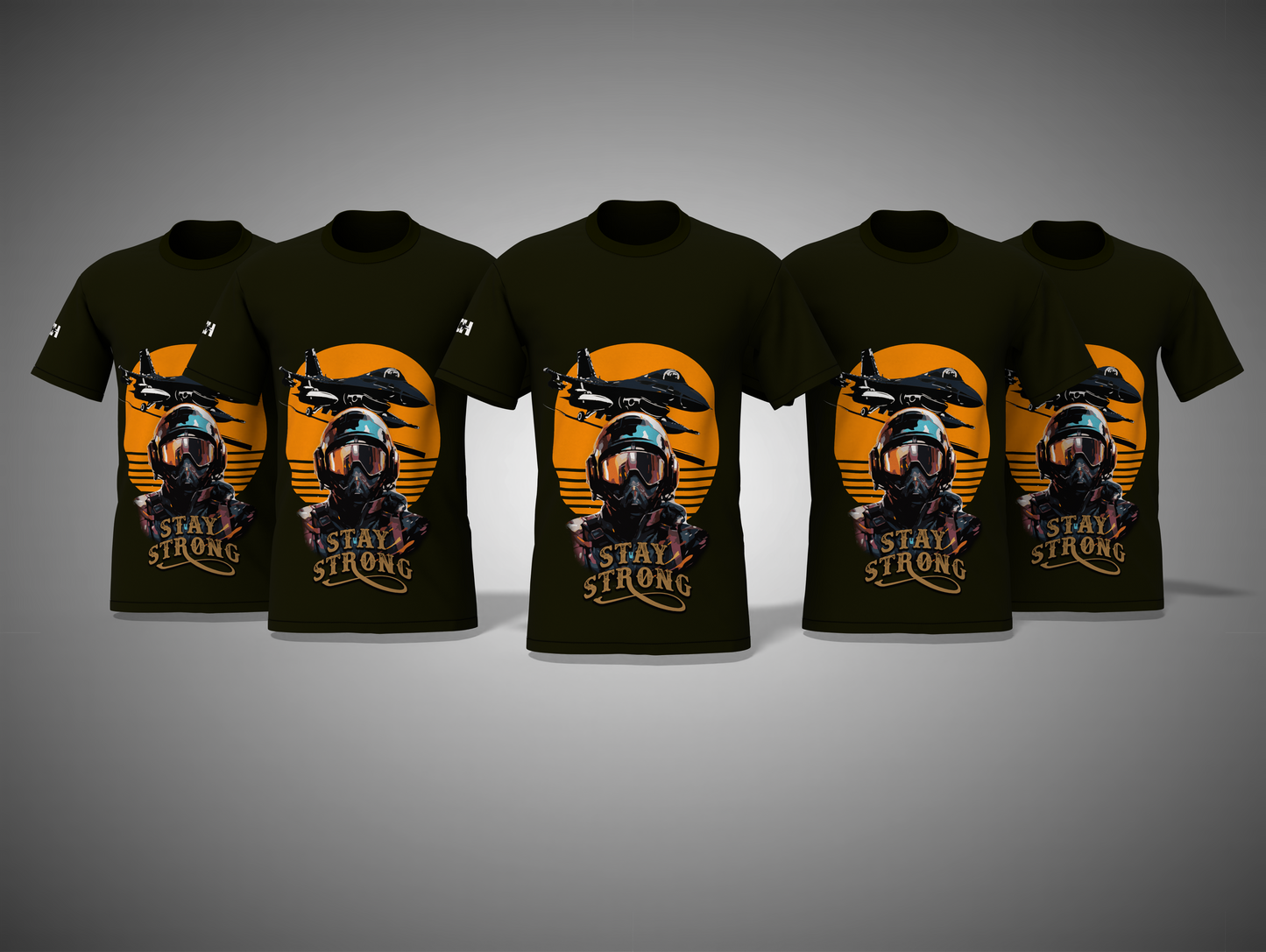 Olive green t-shirts with a graphic design on a gray background