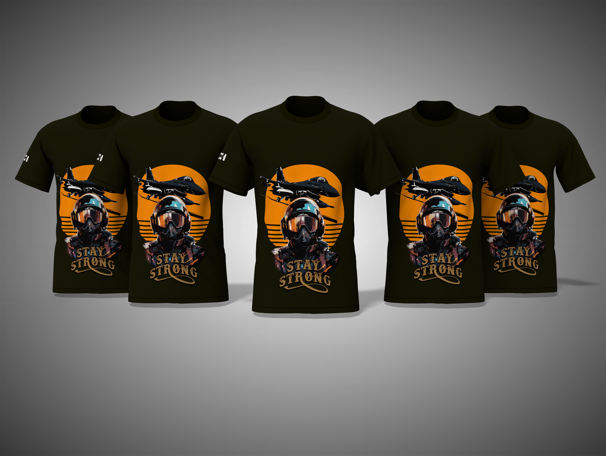 Olive green t-shirts with a graphic design on a gray background