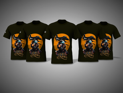 Olive green t-shirts with a graphic design on a gray background