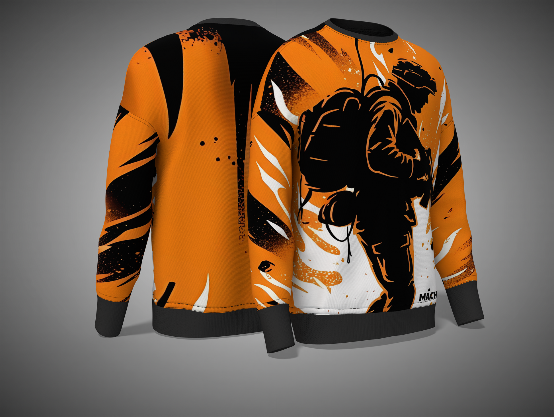 Orange and black sweatshirt with graphic design on a gray background