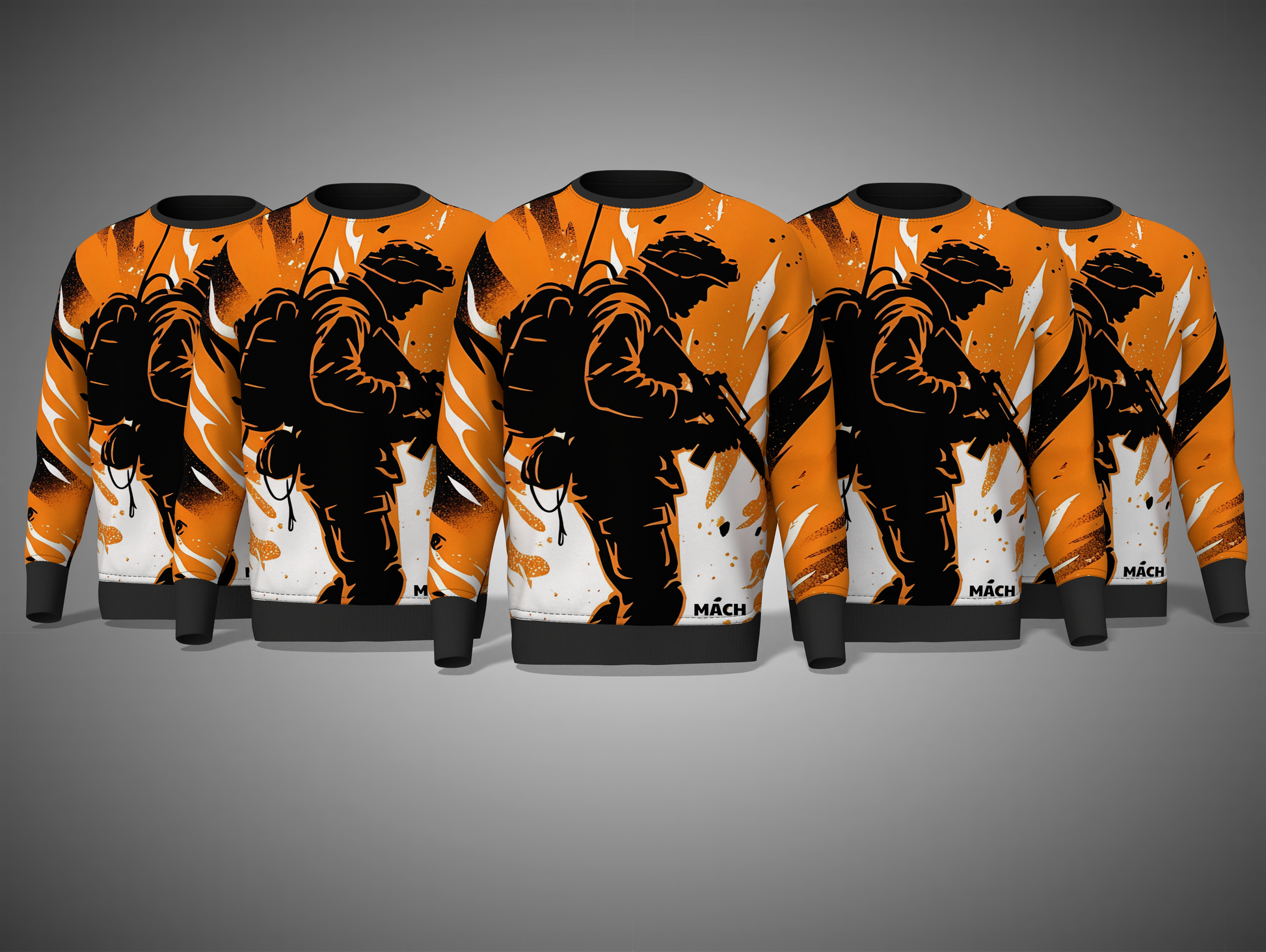 orange sweatshirts with black graphics on a gray background