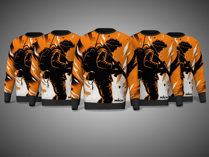 orange sweatshirts with black graphics on a gray background