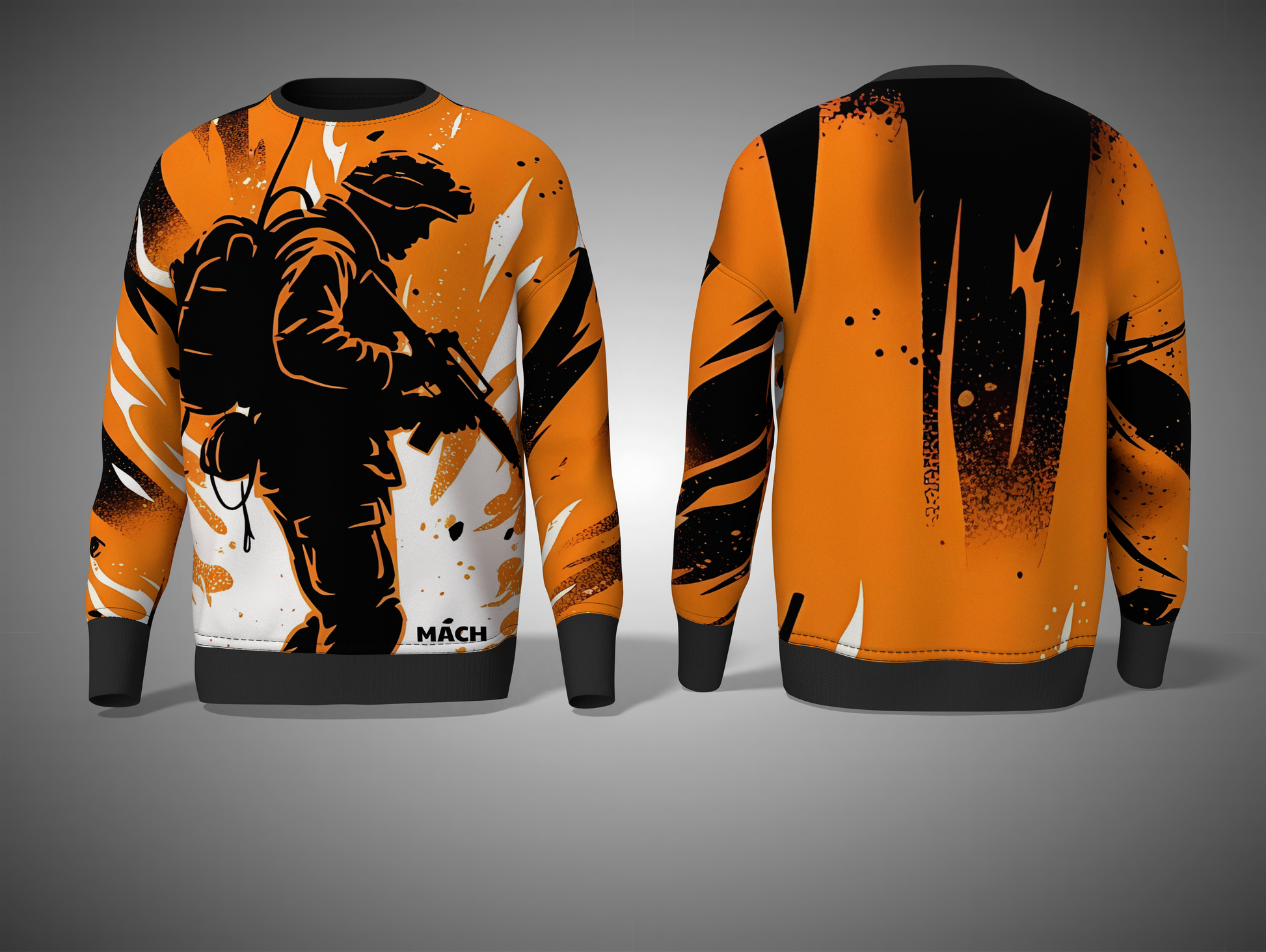 Orange and black graphic sweatshirt with a silhouette design on a gray background