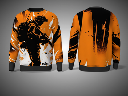 Orange and black graphic sweatshirt with a silhouette design on a gray background