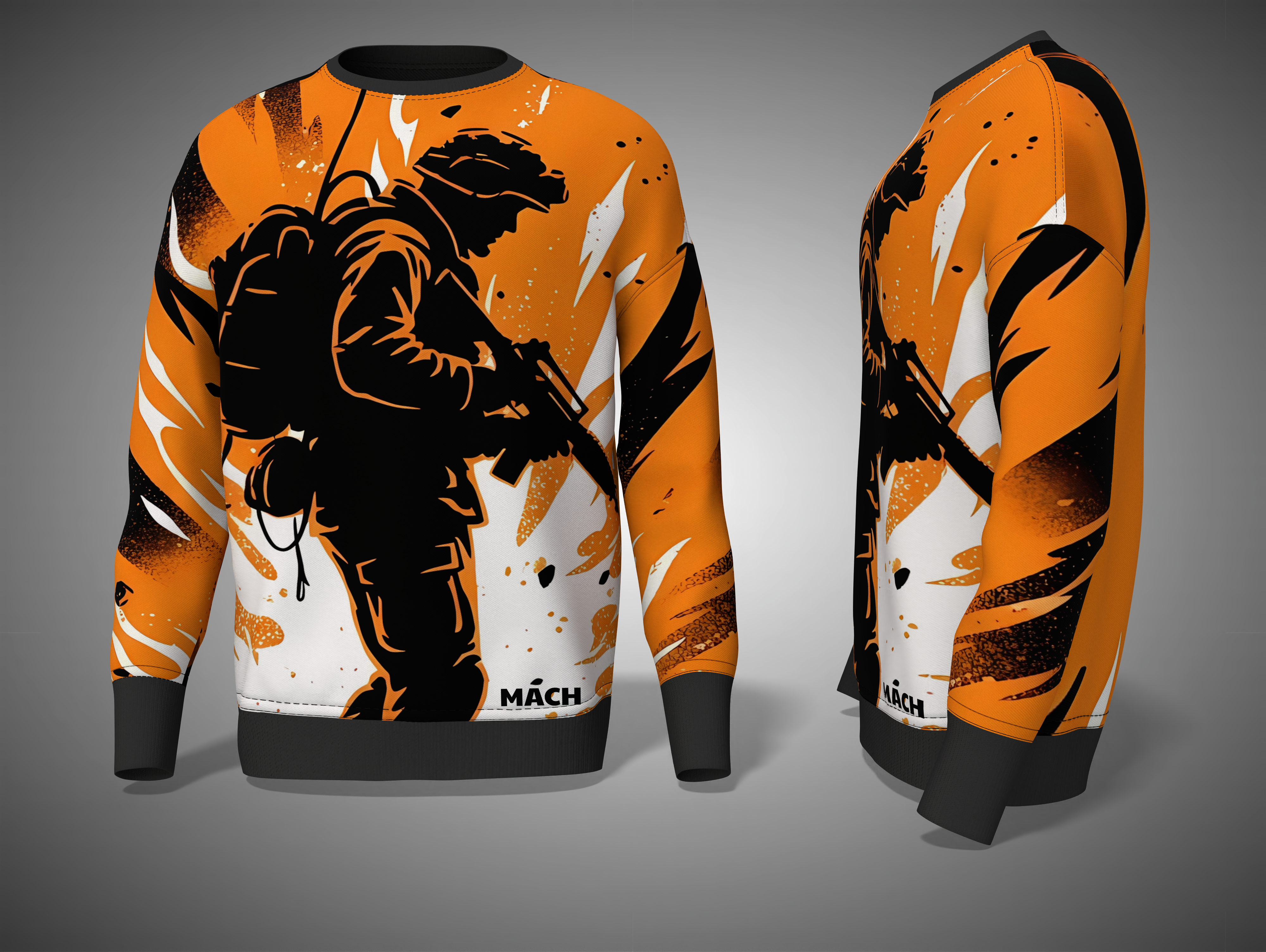 Orange Sweatshirt with a graphic design of a person holding a rifle on a gray background