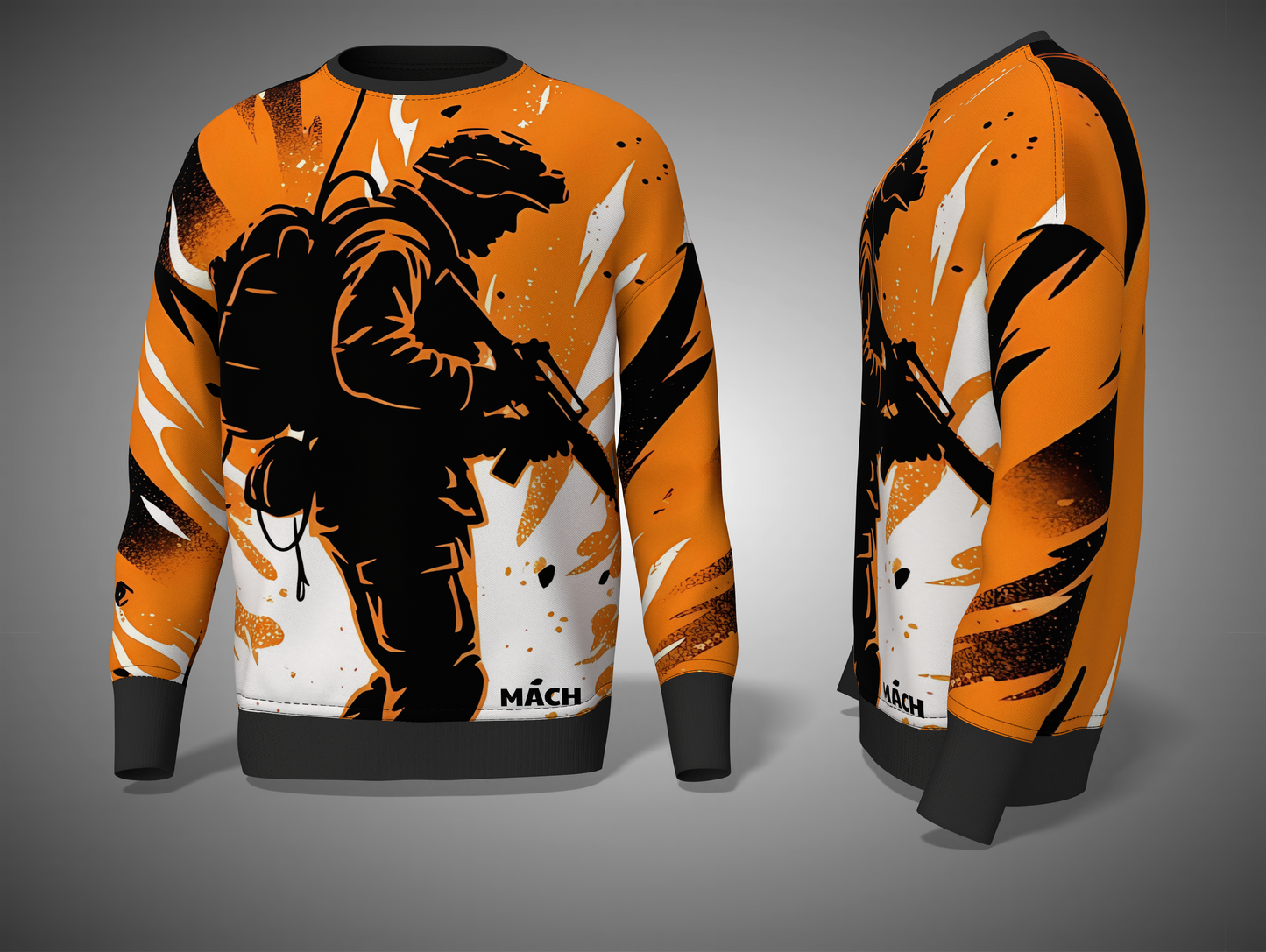 Orange Sweatshirt with a graphic design of a person holding a rifle on a gray background