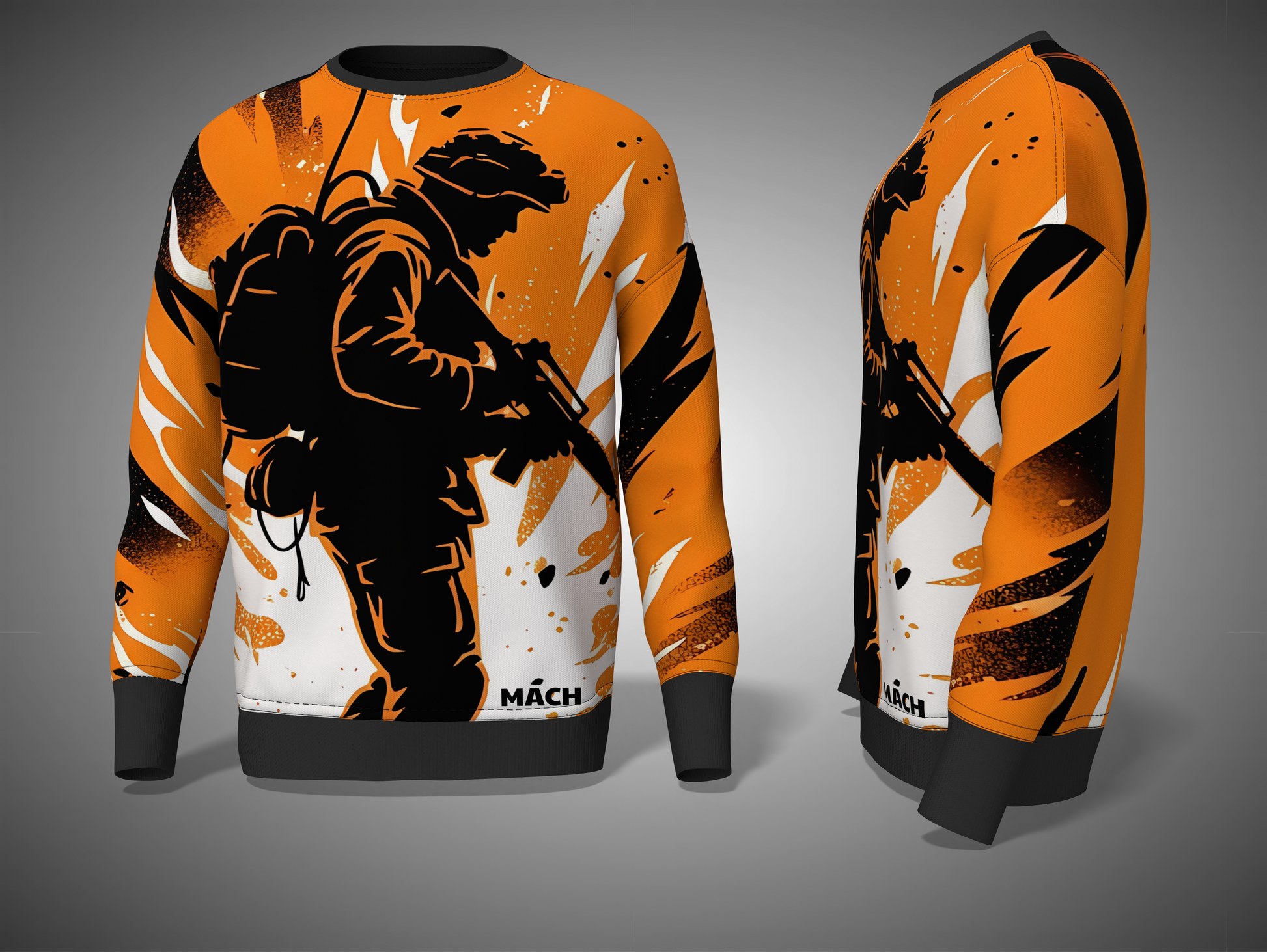 Orange Sweatshirt with a graphic design of a person holding a rifle on a gray background