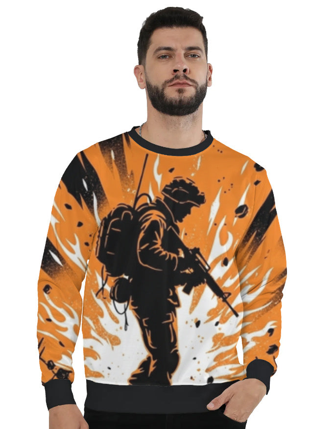 Orange Sweatshirt with a graphic design of a person holding a rifle on a white Background