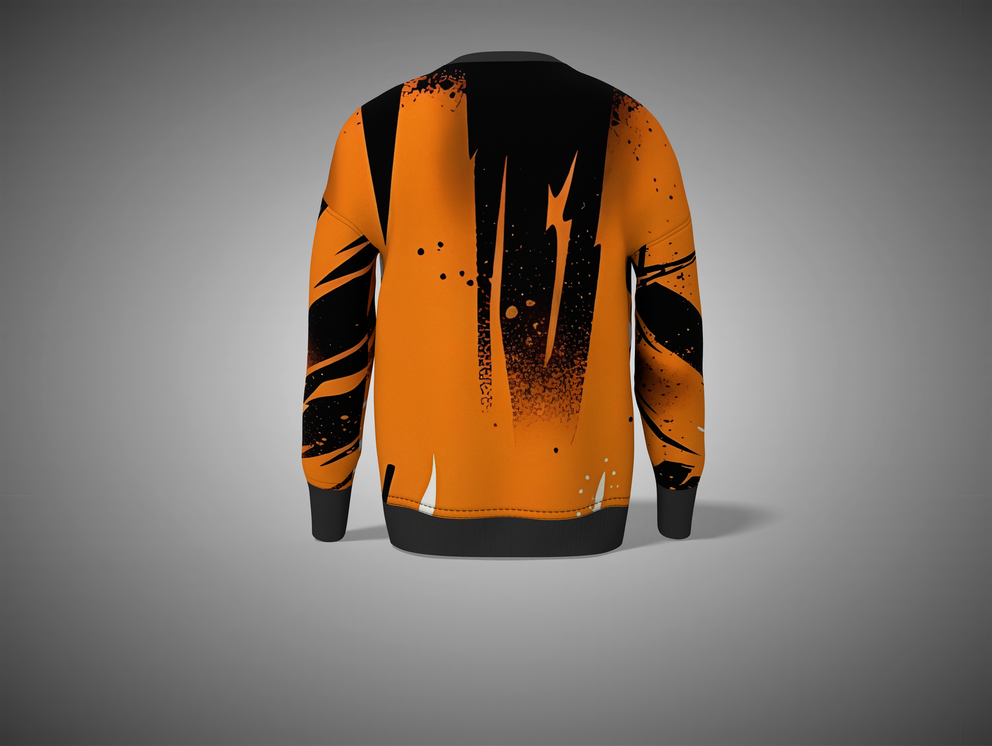 Orange and black jacket with abstract design on a gray background