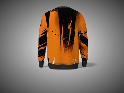 Orange and black jacket with abstract design on a gray background