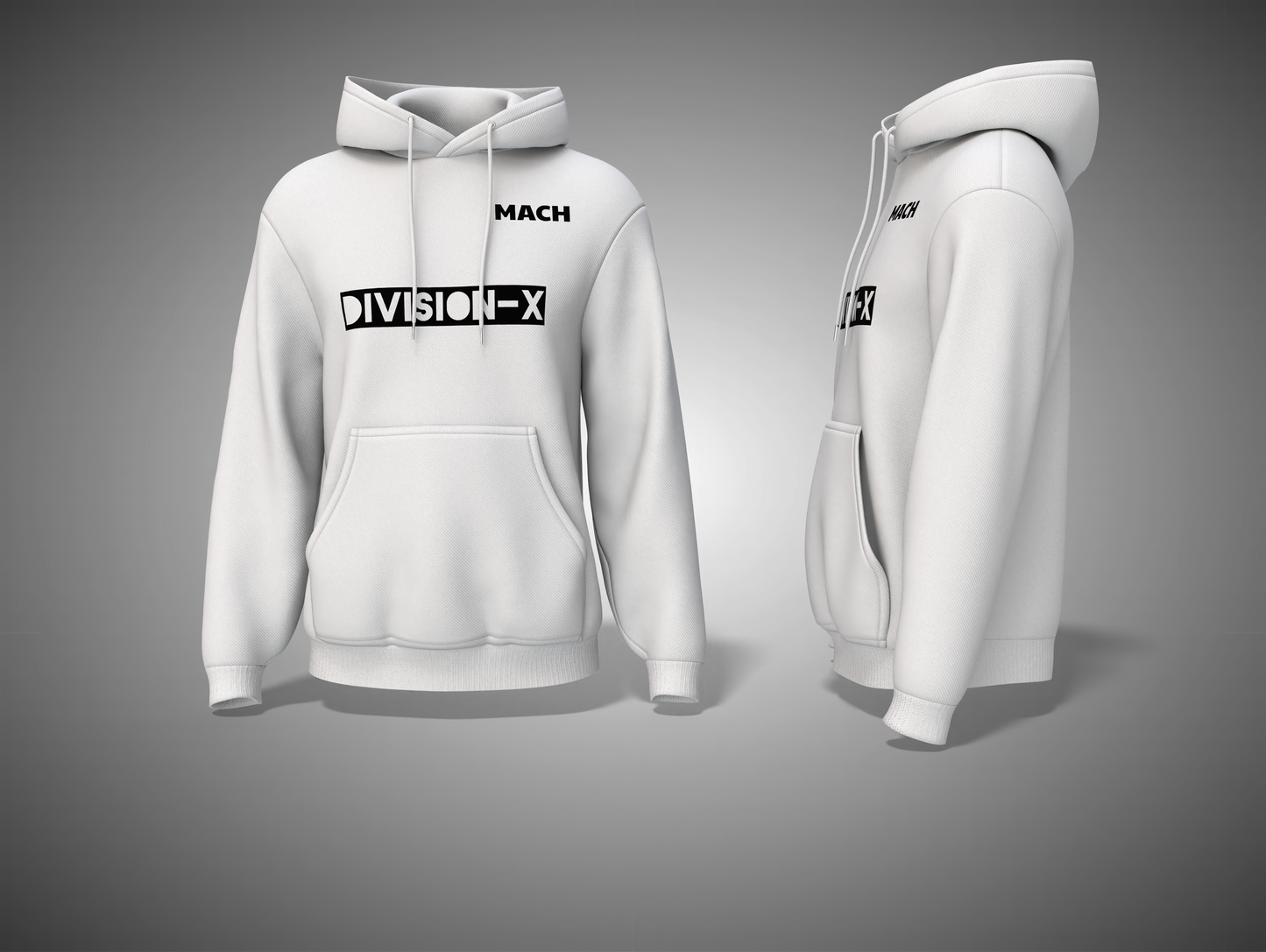White hoodie with 'MACH DIVISION-X' branding on a gray background
