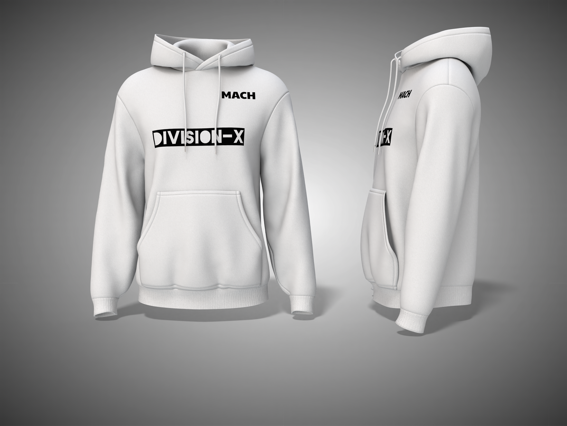 White hoodie with 'MACH DIVISION-X' branding on a gray background