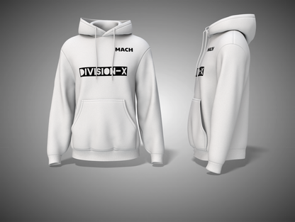 White hoodie with 'MACH DIVISION-X' branding on a gray background