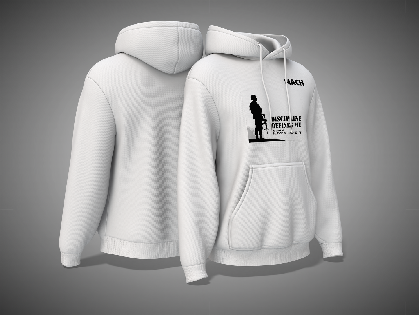White hoodie with a graphic design on the front, shown from front and back views against a gray background.