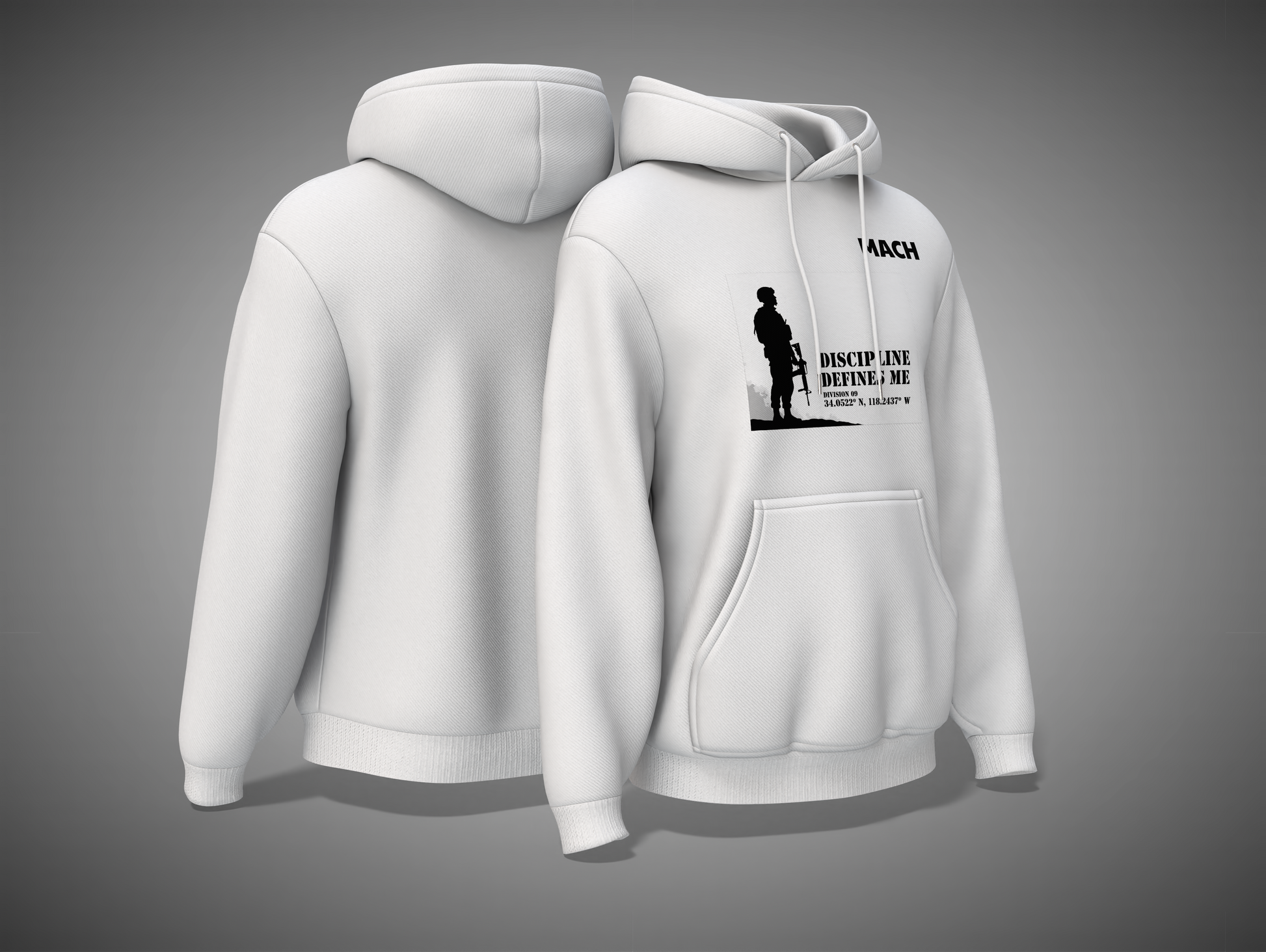White hoodie with a graphic design on the front, shown from front and back views against a gray background.