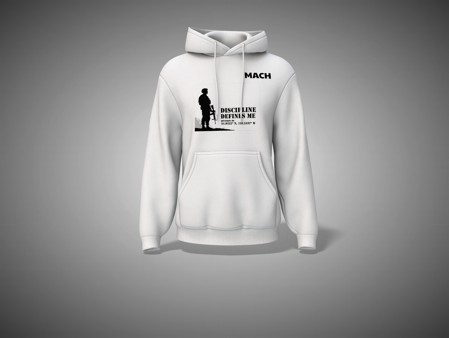 White hoodie with black graphic design on a gray background