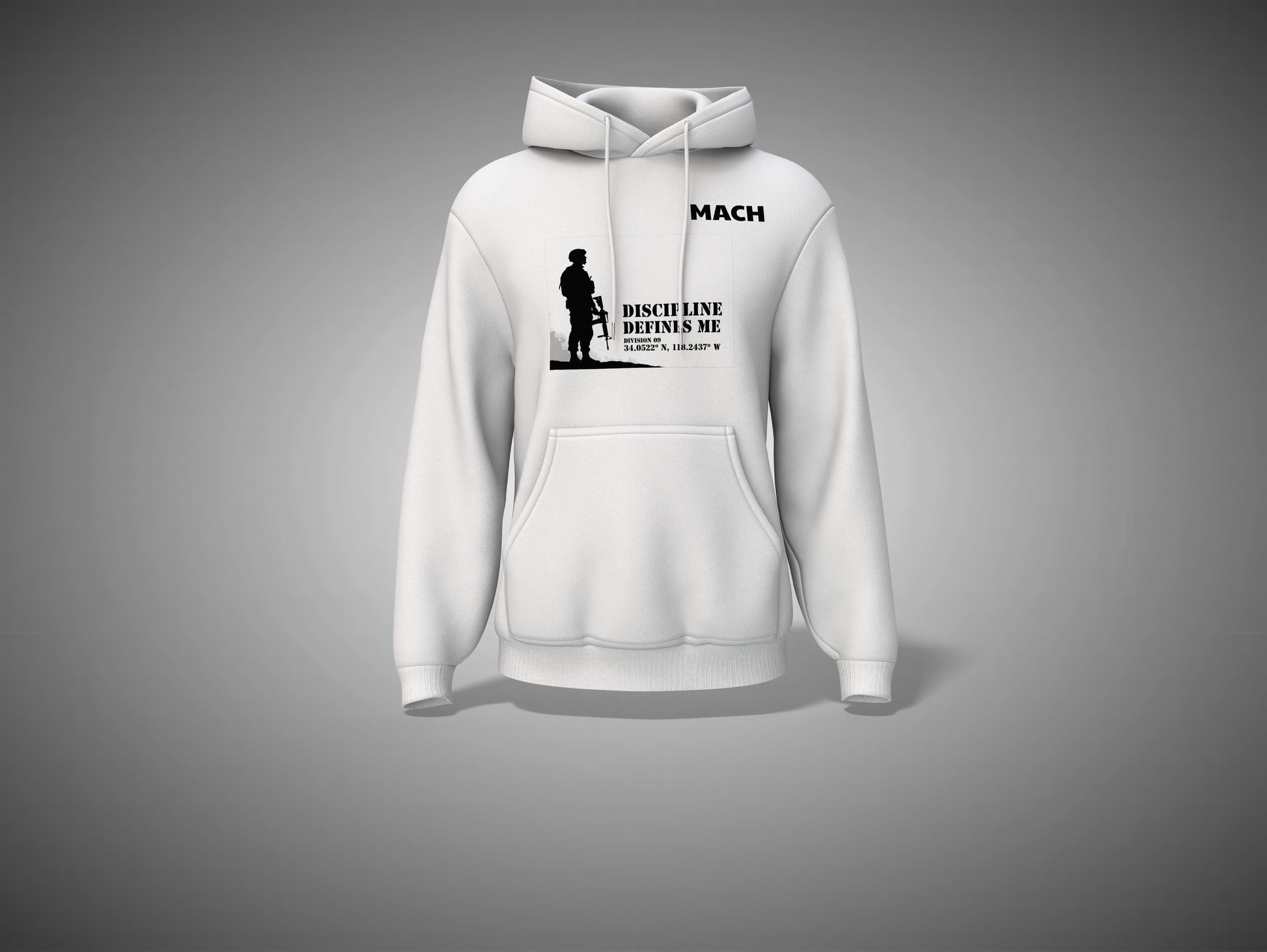 White hoodie with black graphic design on a gray background