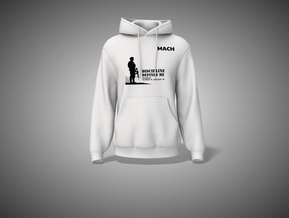 White hoodie with black graphic design on a gray background