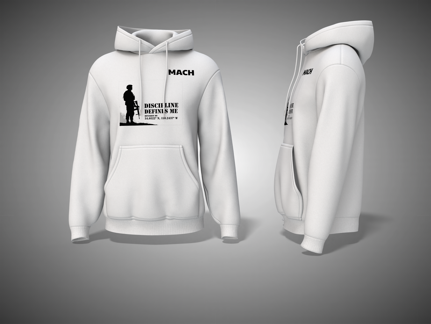 White hoodie with branding on a gray background