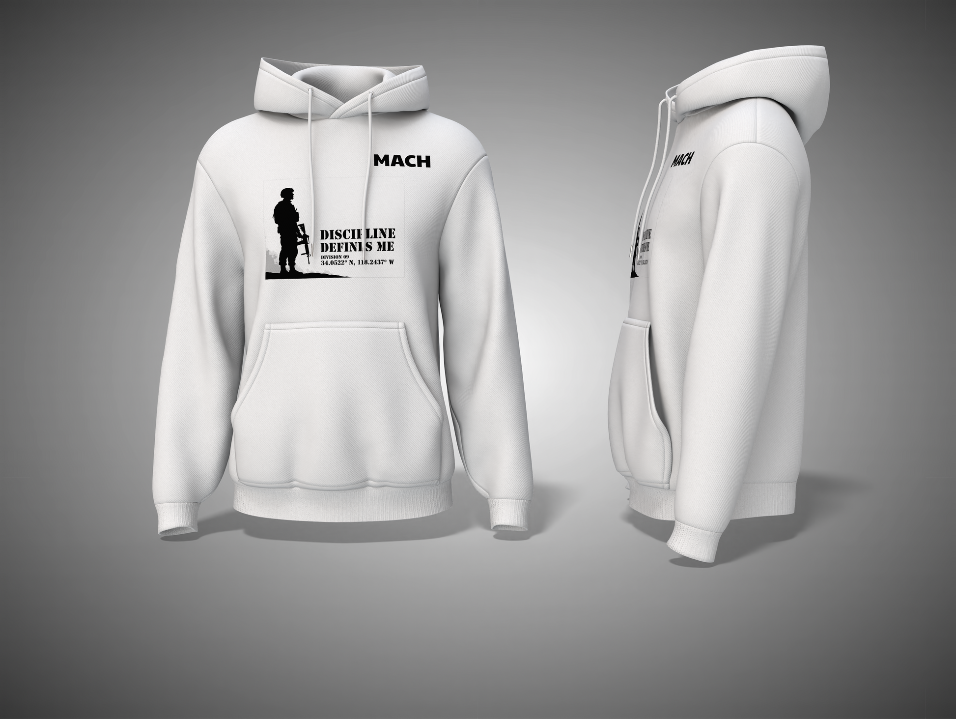 White hoodie with branding on a gray background