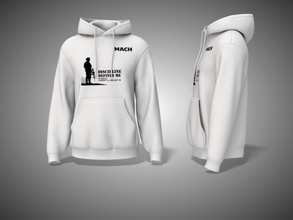 White hoodie with branding on a gray background