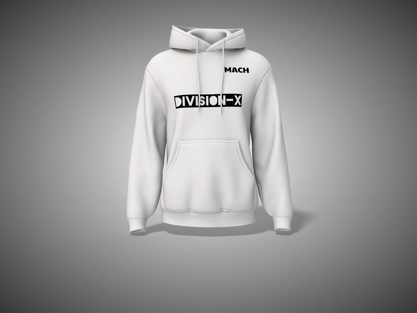White hoodie with 'Division-X' logo on a gray background