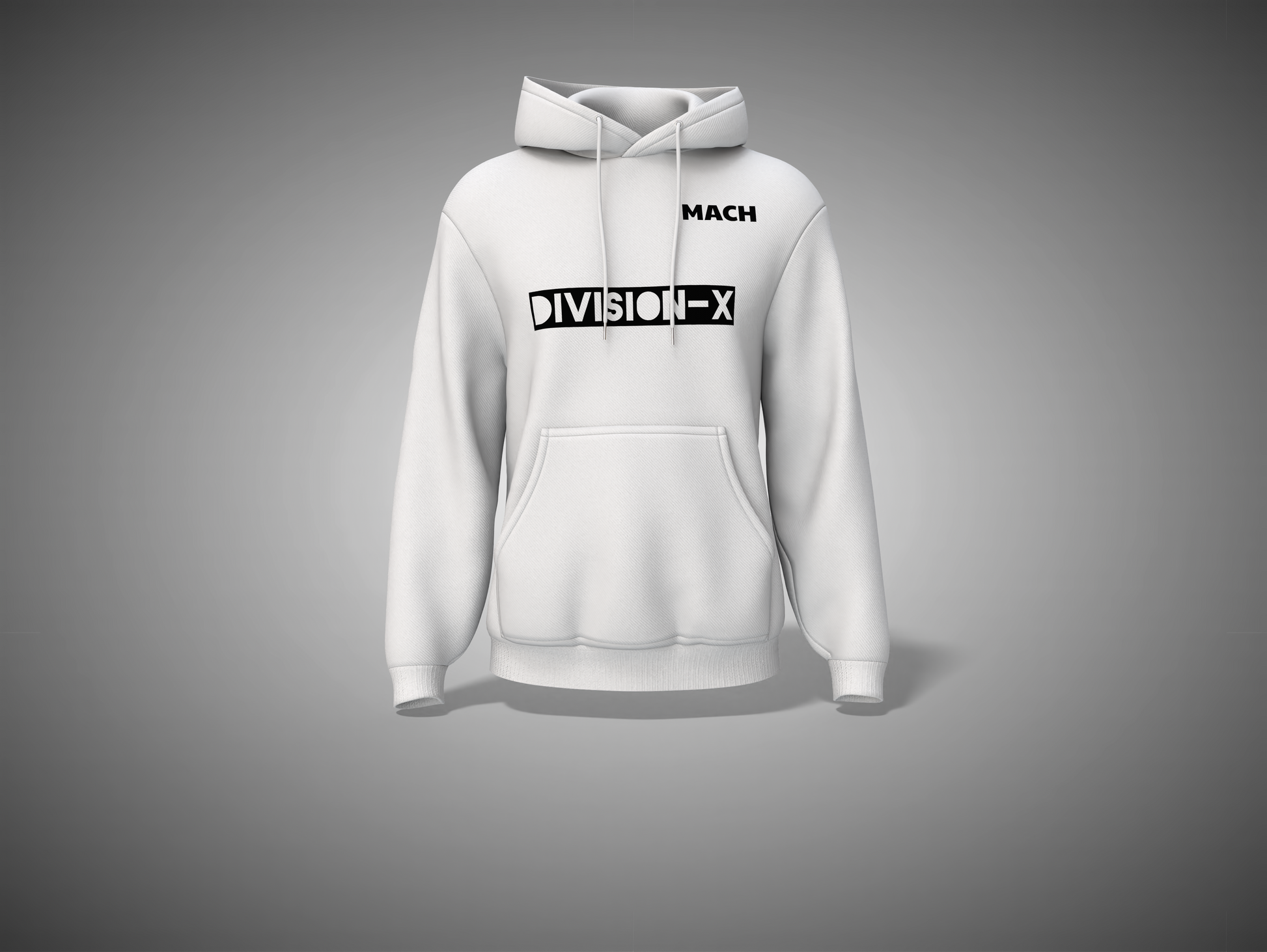 White hoodie with 'Division-X' logo on a gray background