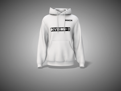 White hoodie with 'Division-X' logo on a gray background