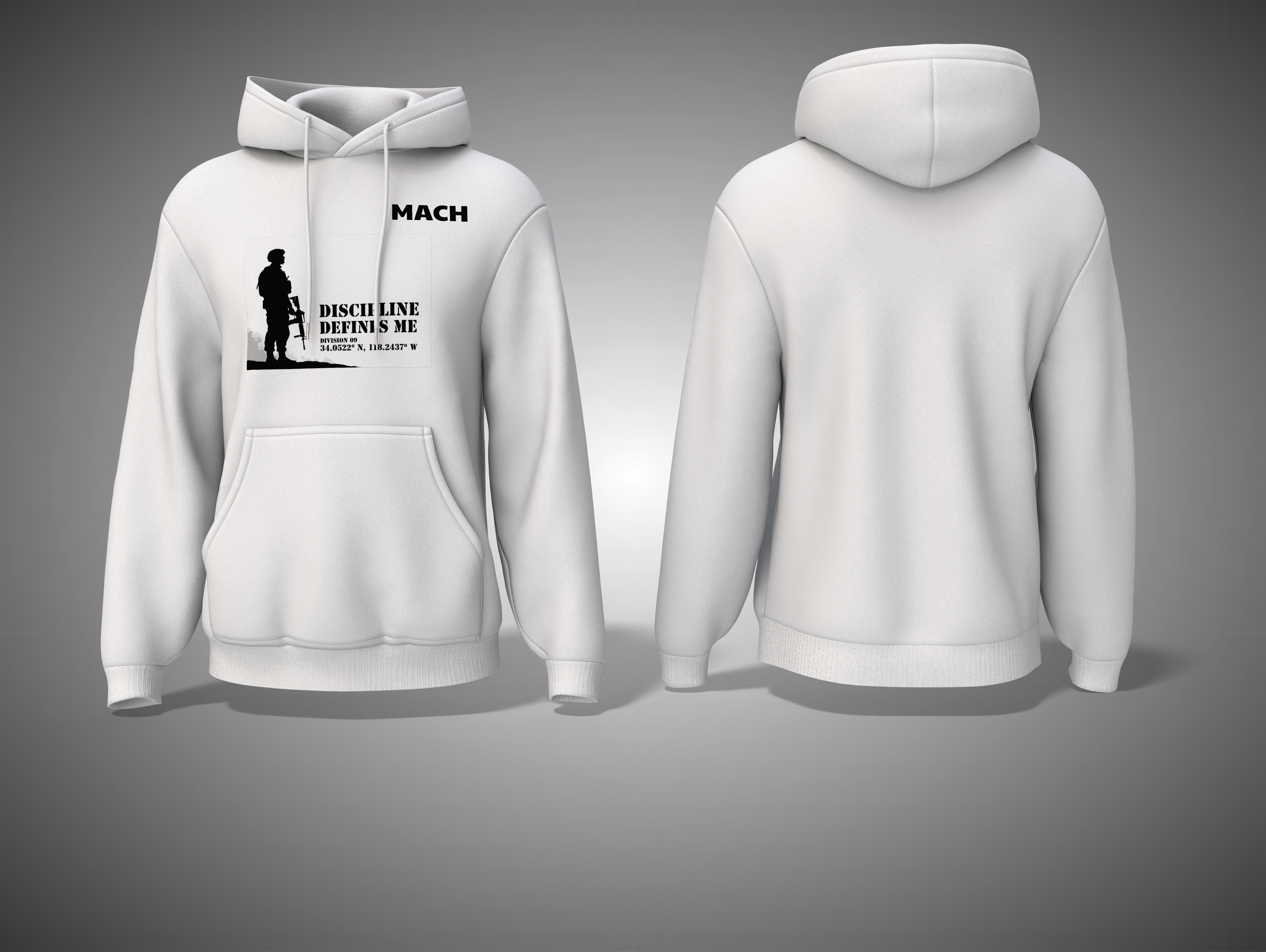 White hoodie with black graphic design on a gray background