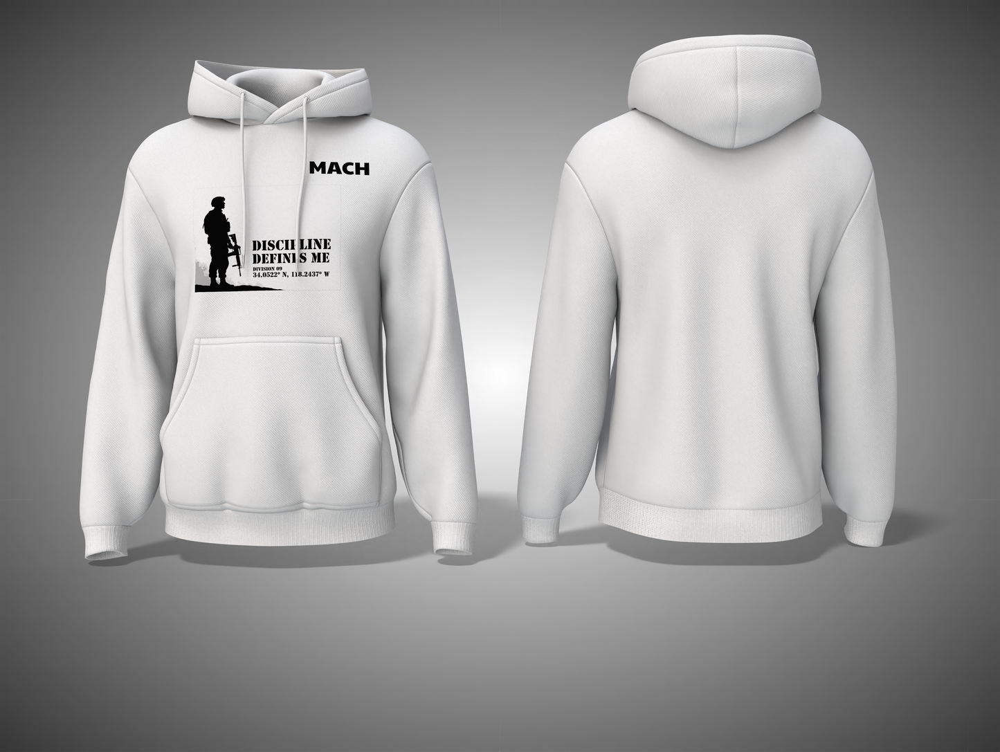 White hoodie with black graphic design on a gray background