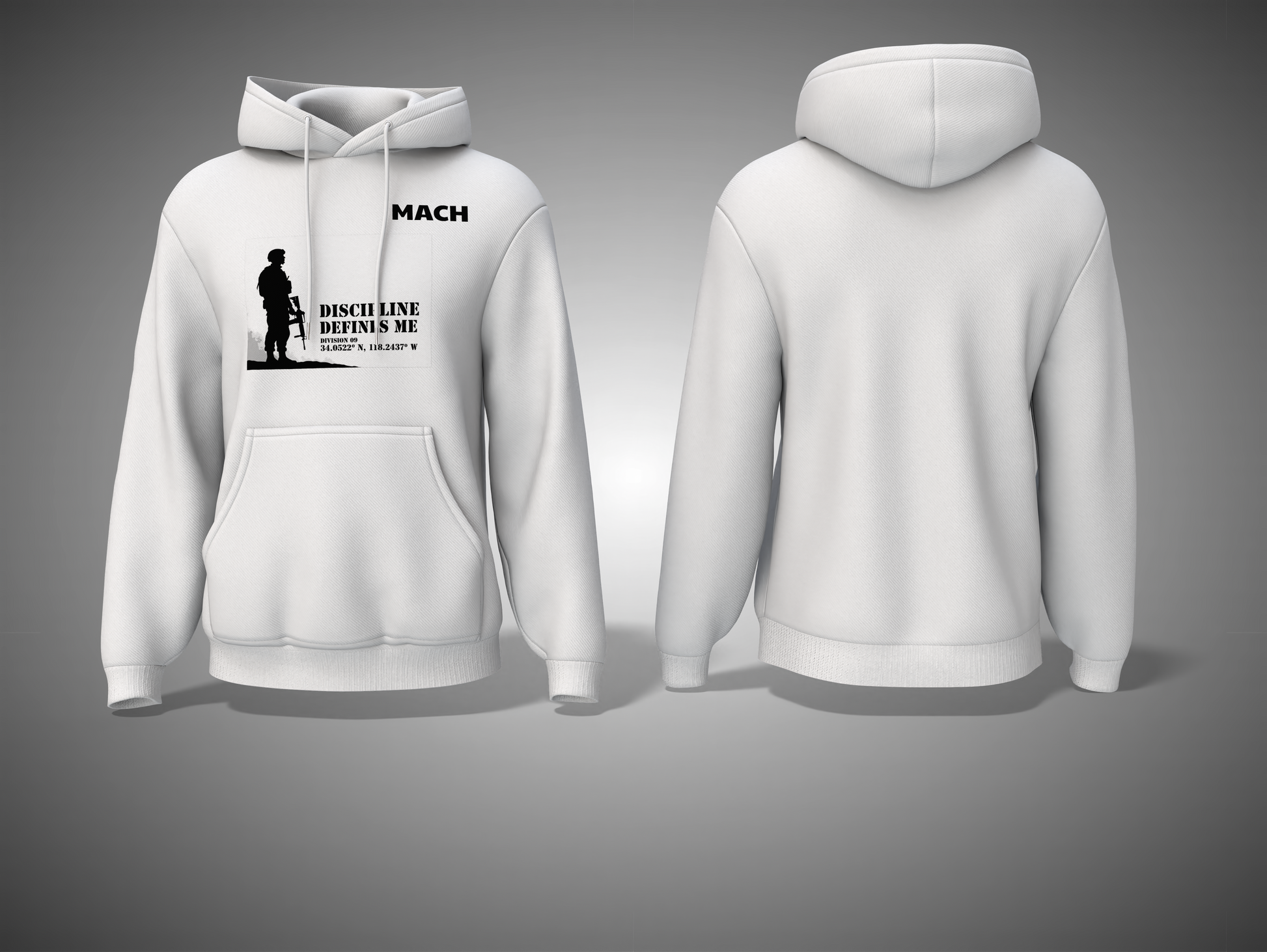 White hoodie with black graphic design on a gray background