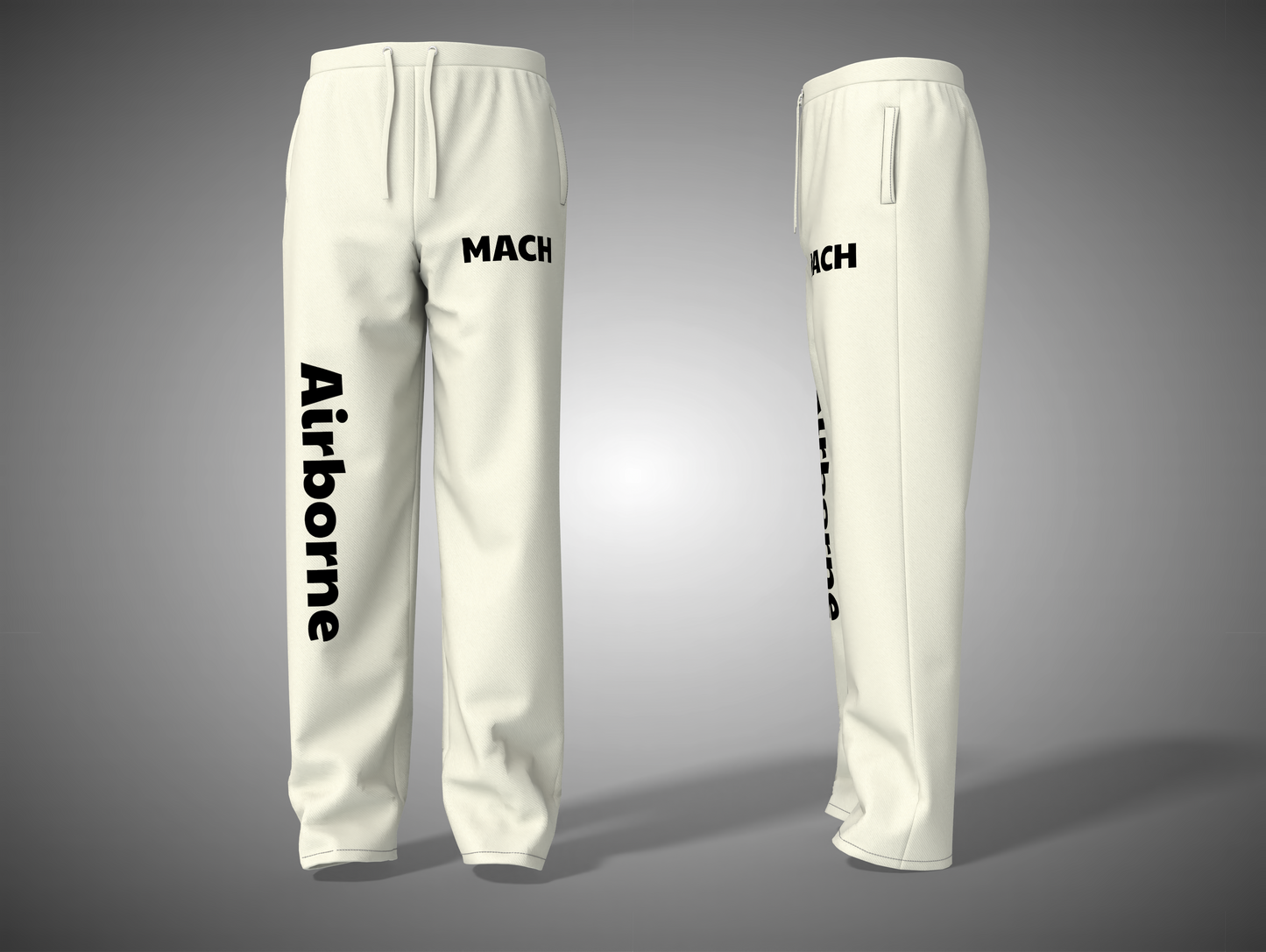 White sweatpants with black text on a gray background