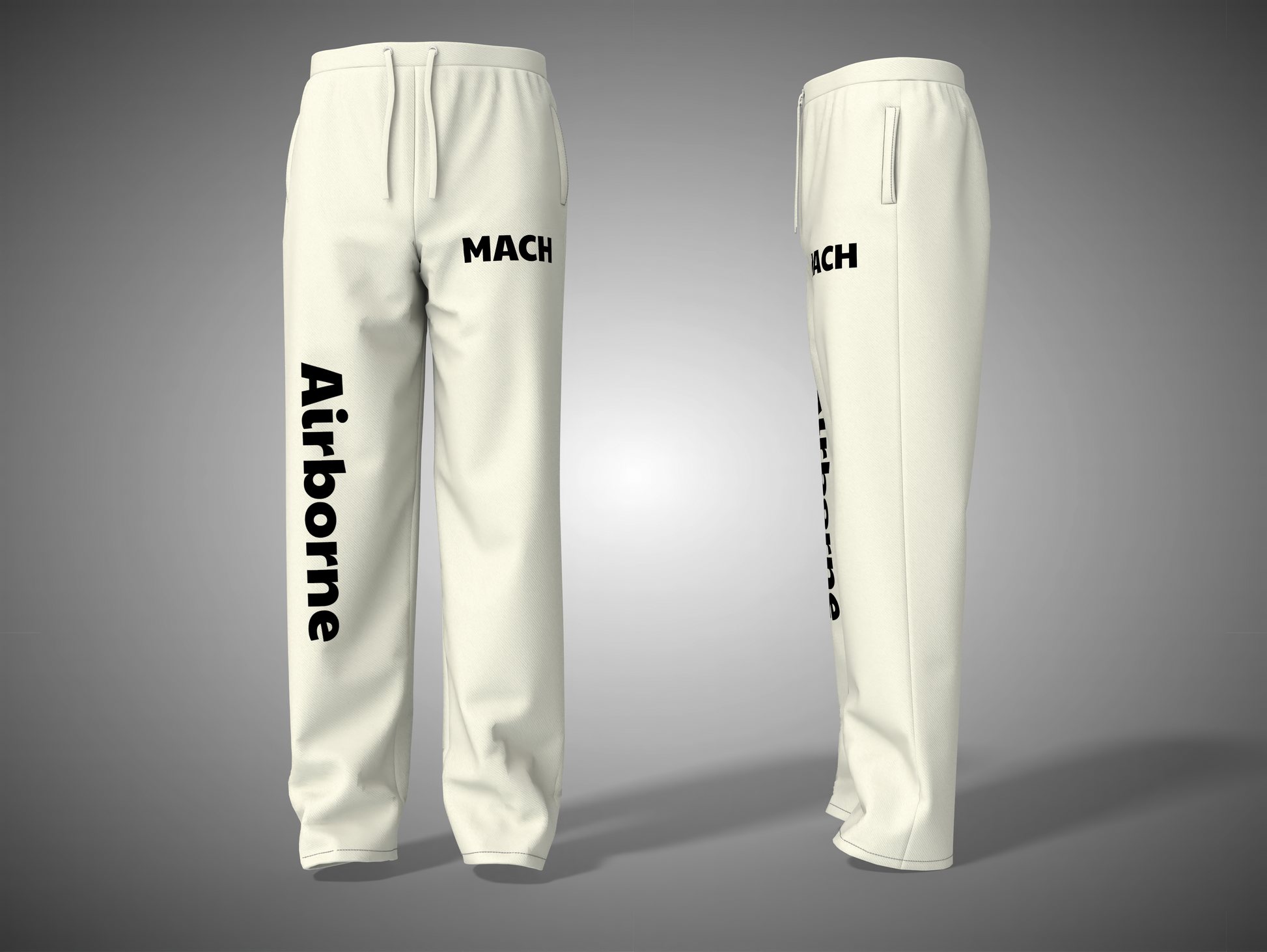 White sweatpants with black text on a gray background