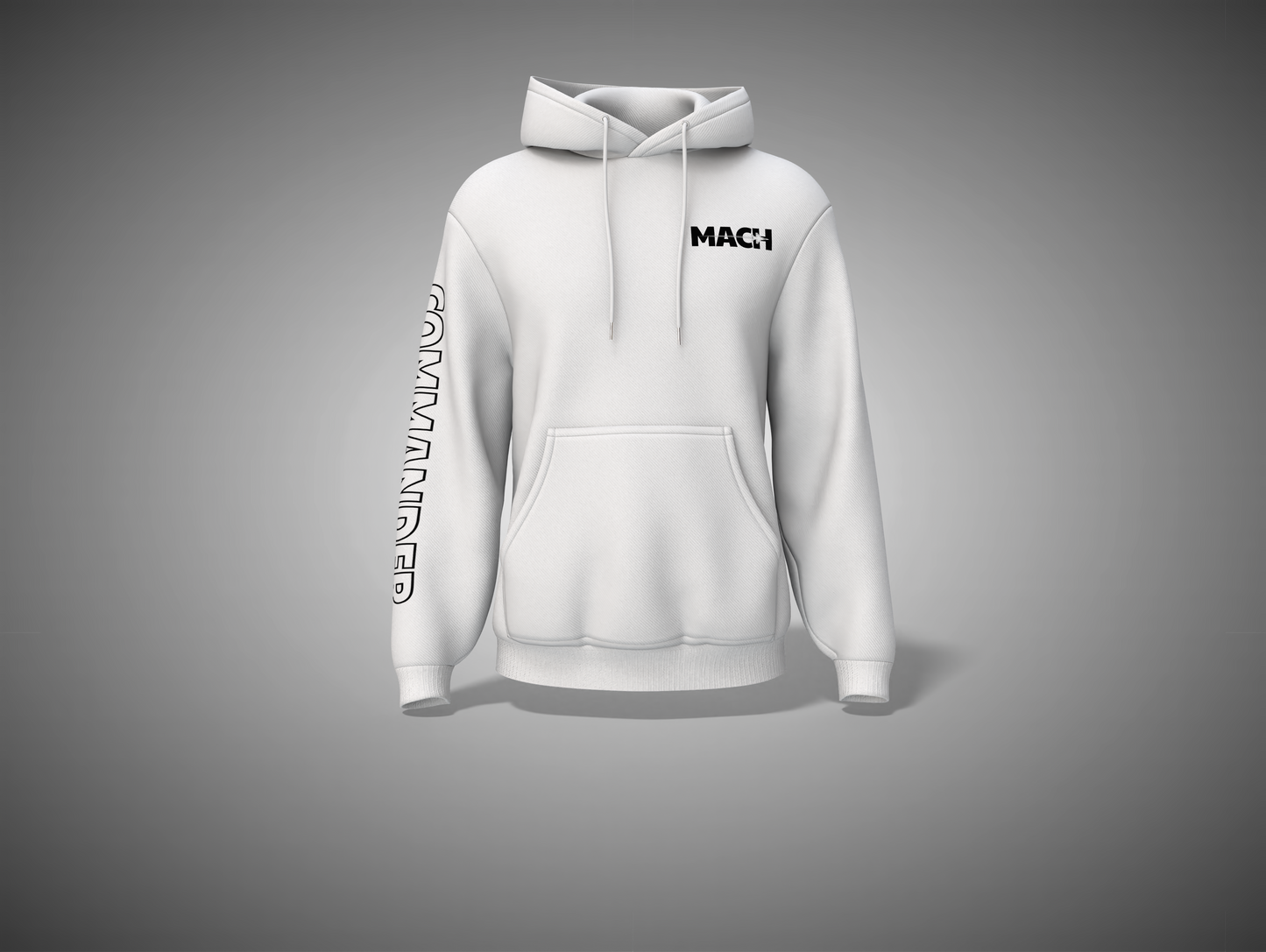 White hoodie with branding on a gray background