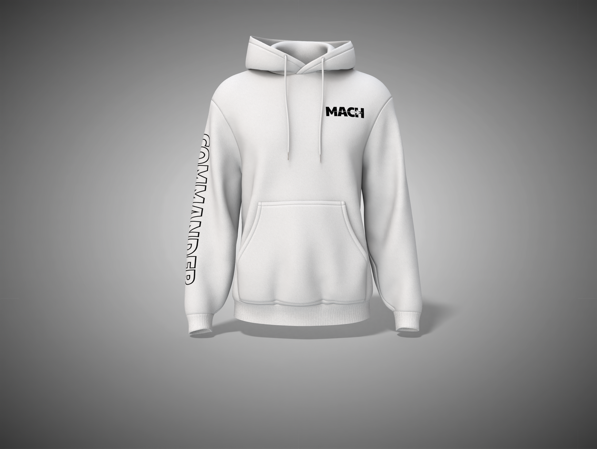 White hoodie with branding on a gray background