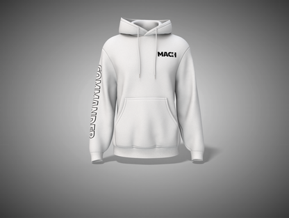 White hoodie with branding on a gray background