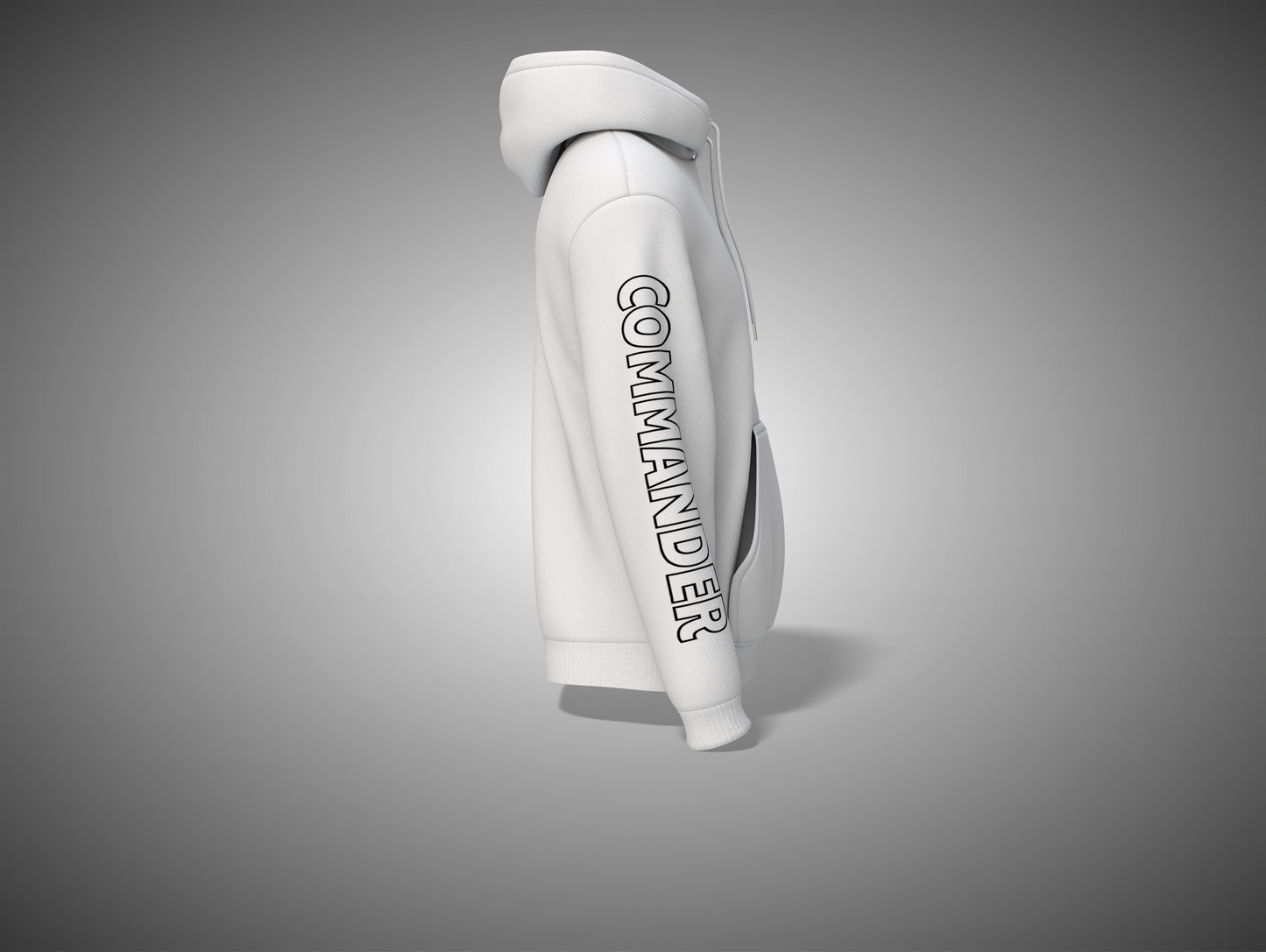 White hoodie with 'COMMANDER' text on a gray background