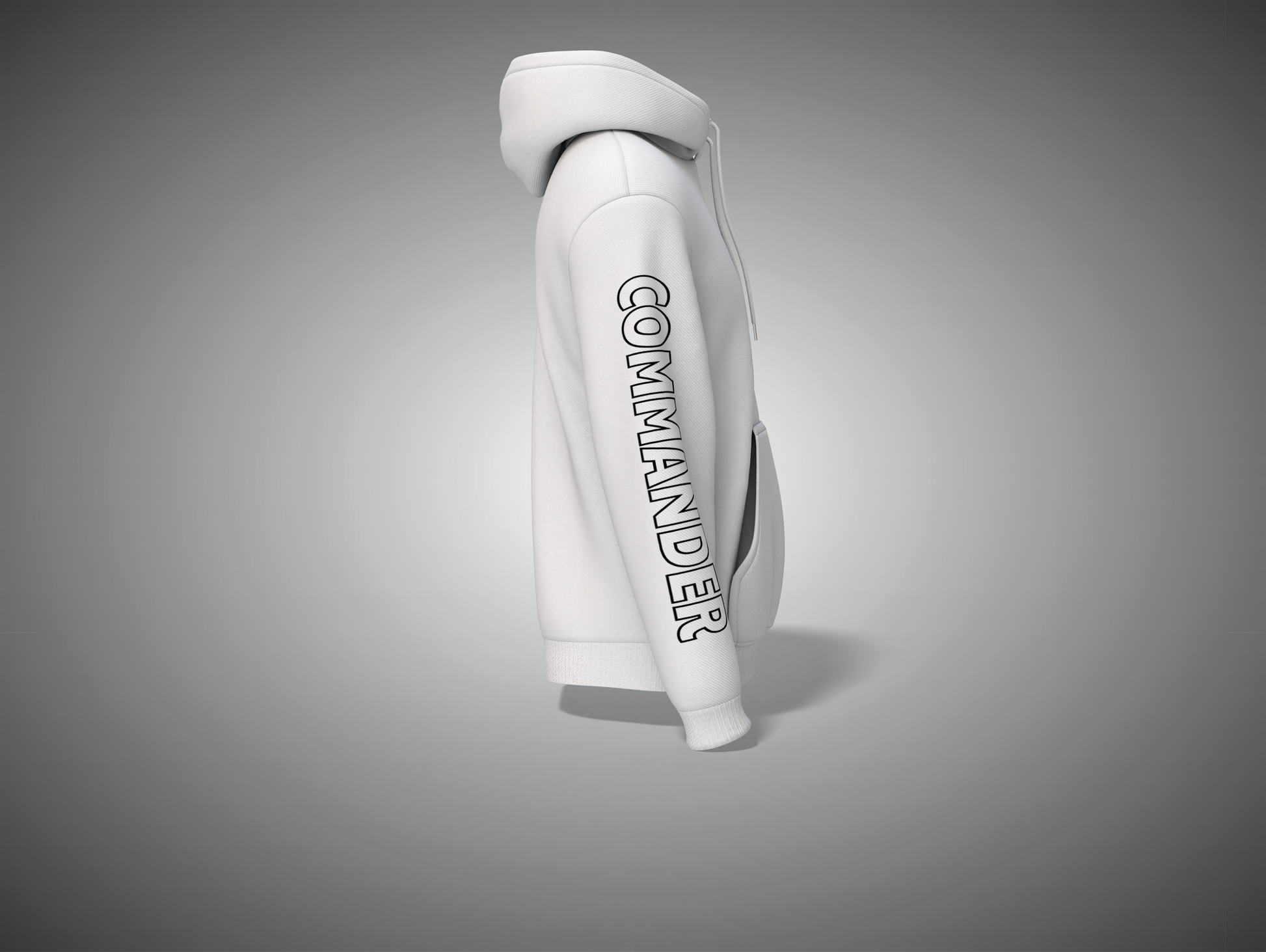 White hoodie with 'COMMANDER' text on a gray background