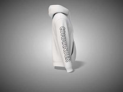 White hoodie with 'COMMANDER' text on a gray background