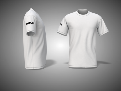 White t-shirt with brand logo on a gray background