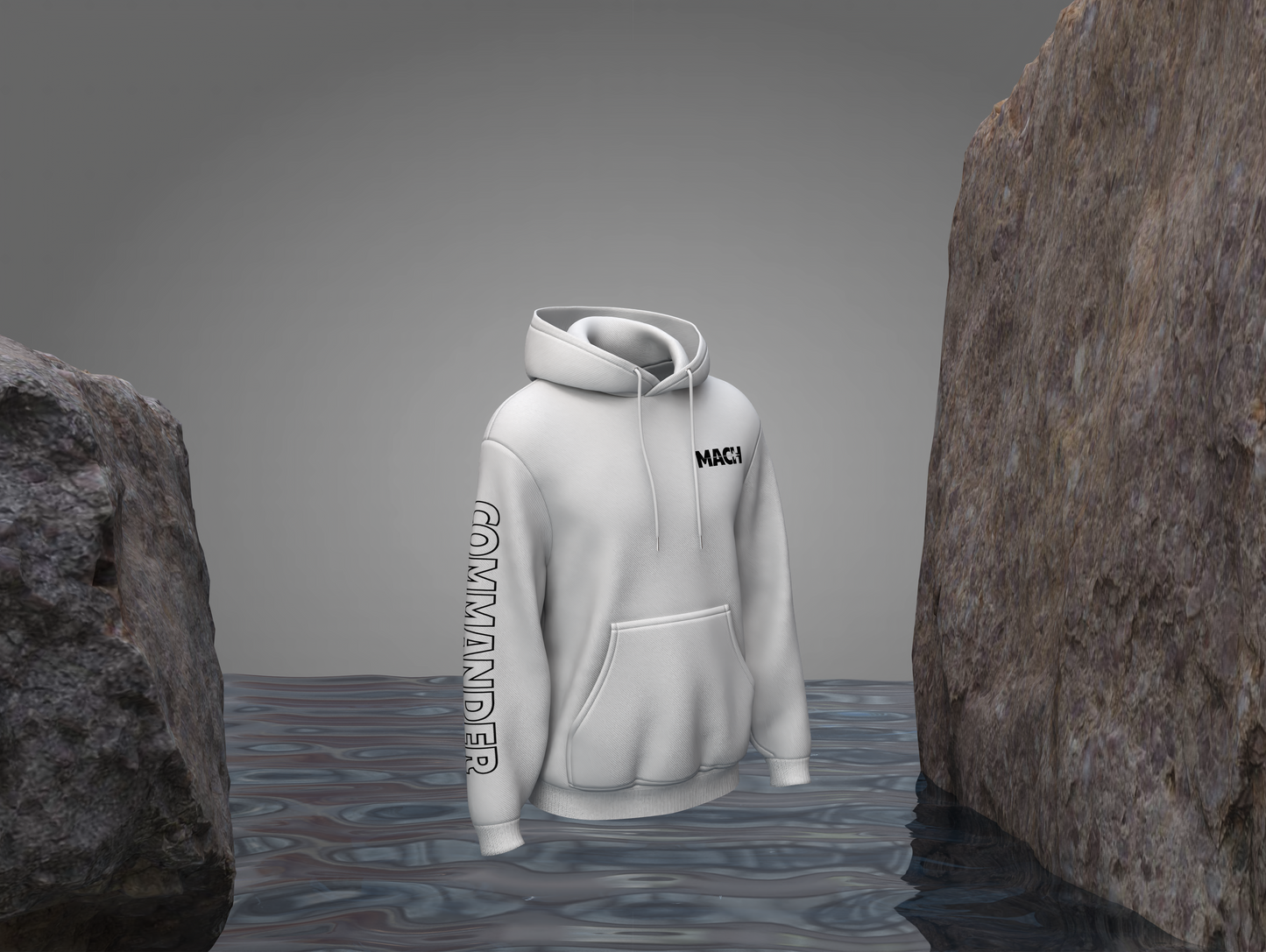 White hoodie with text on a gray background between two rocks