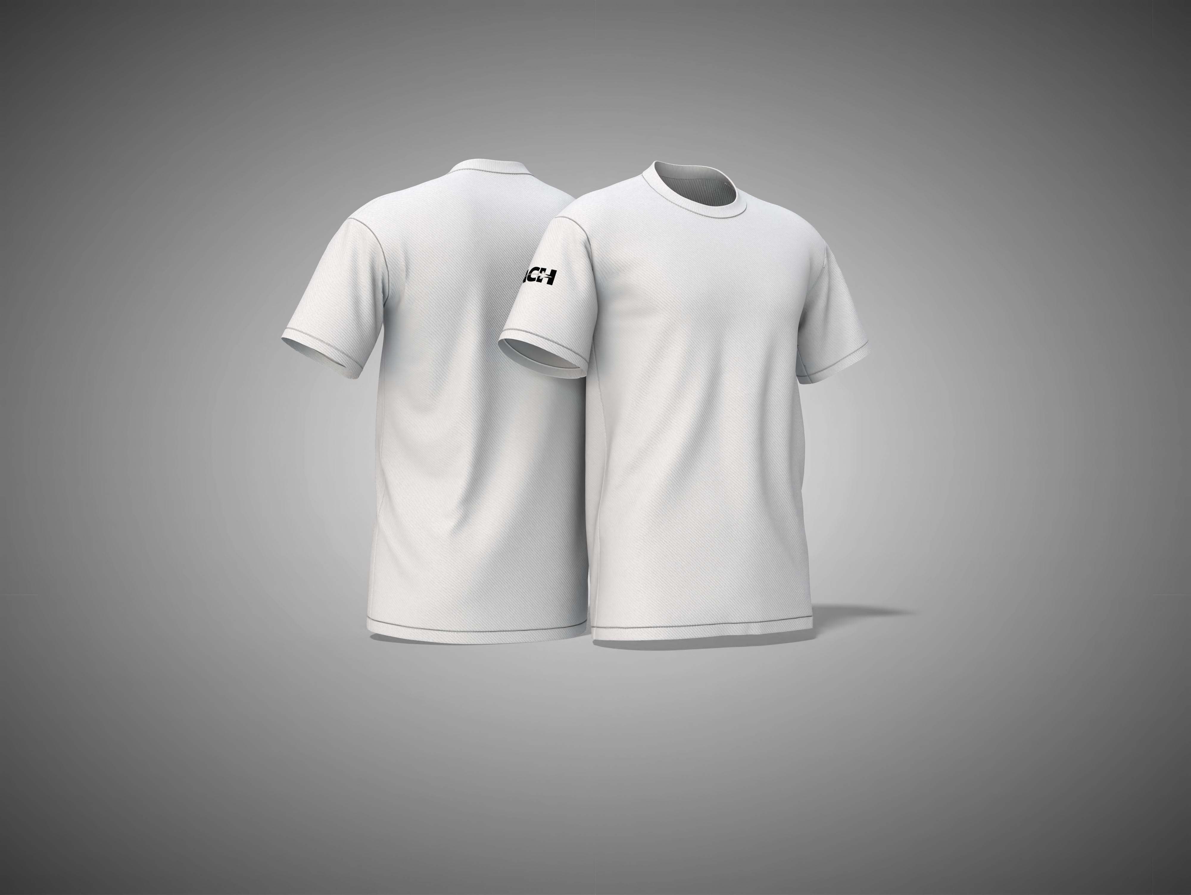 White t-shirt with a logo on a gray background