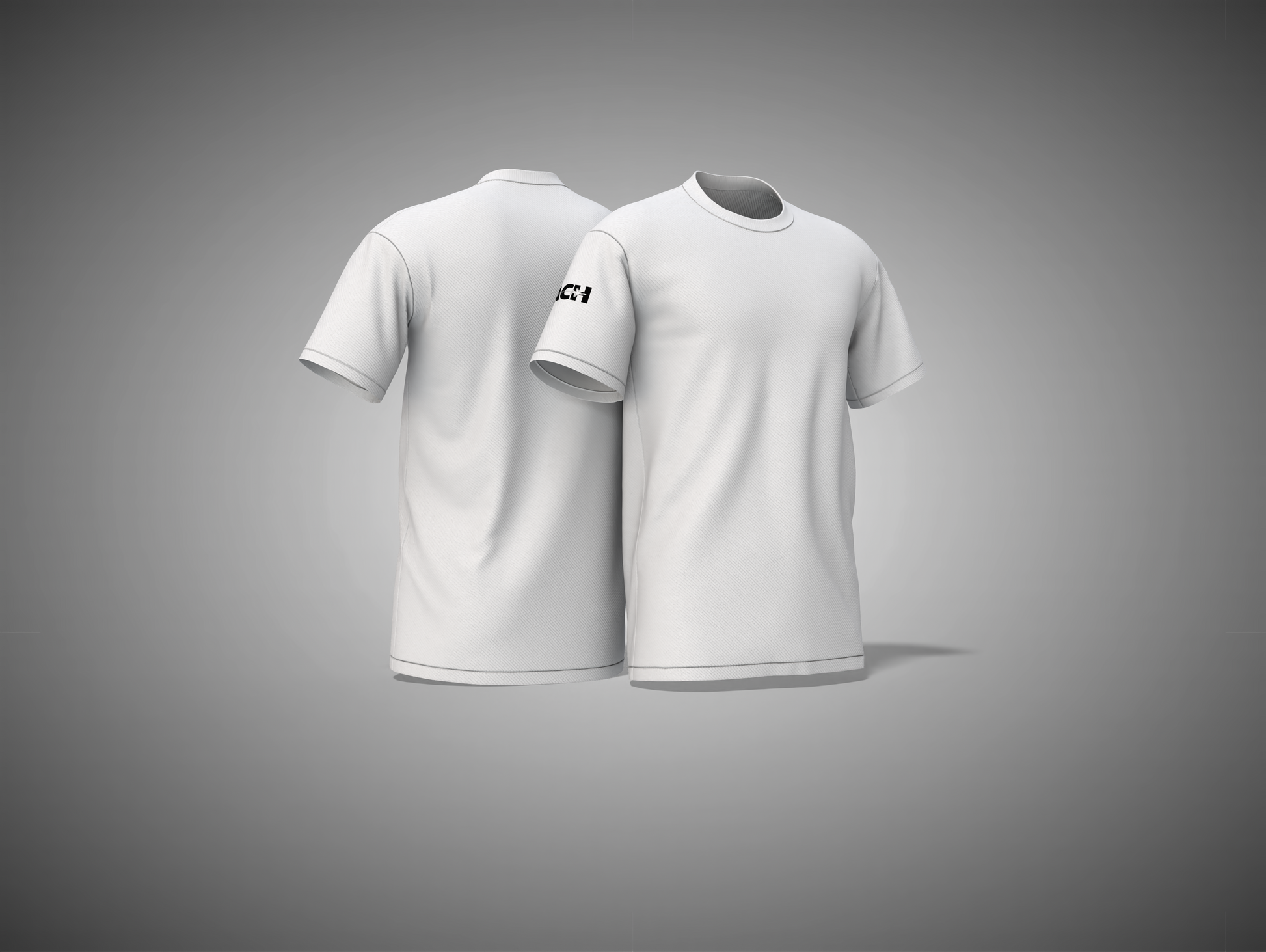 White t-shirt with a logo on a gray background