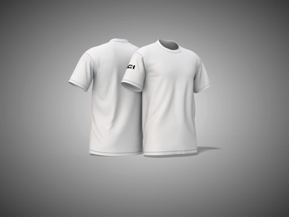 White t-shirt with a logo on a gray background