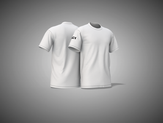 White t-shirt with a logo on a gray background
