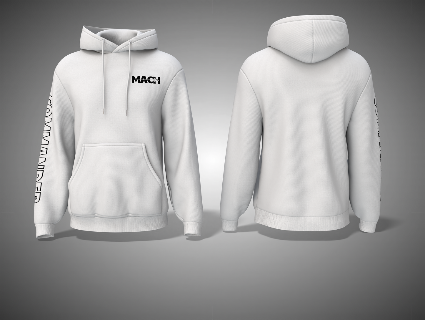 White hoodie with branding on a gray background
