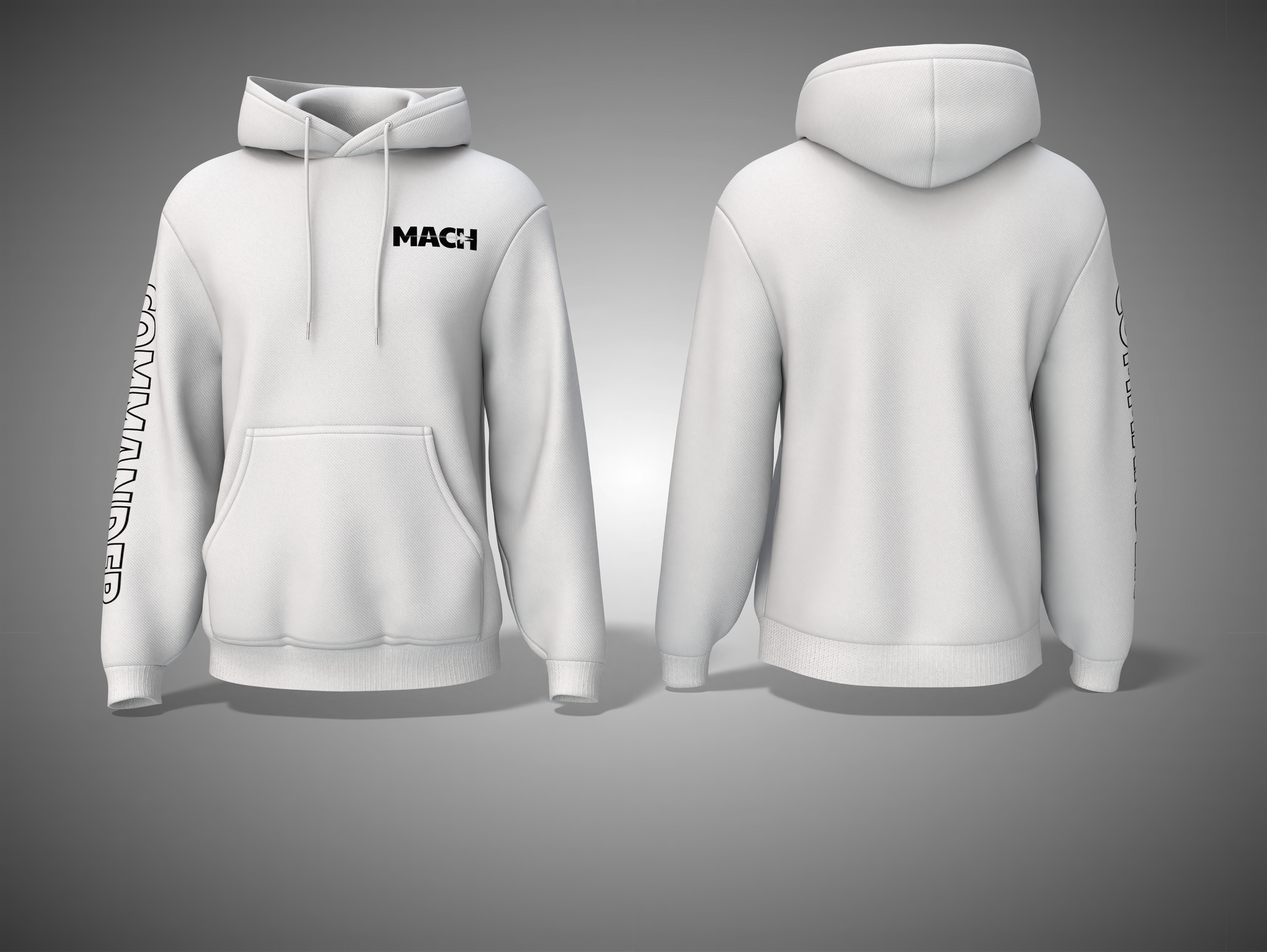 White hoodie with branding on a gray background