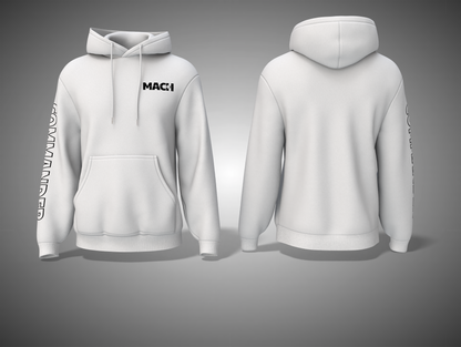 White hoodie with branding on a gray background