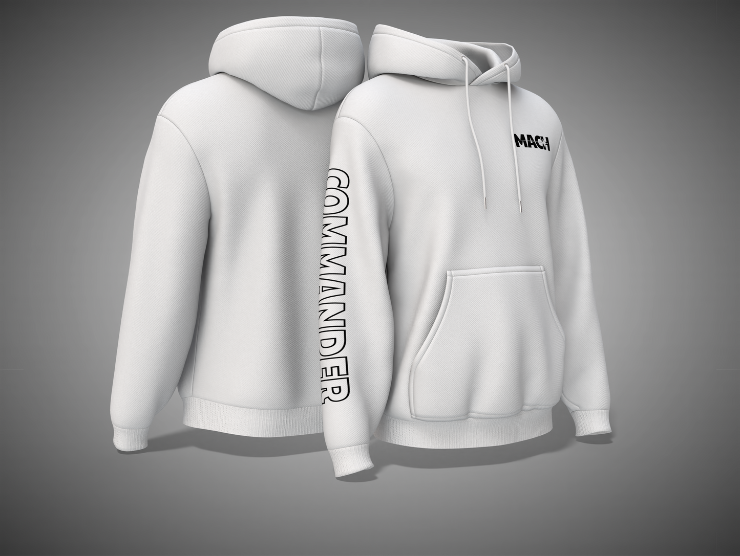 White hoodie with text on front and back on a gray background